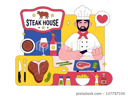 Steakhouse Restaurant Vector Illustration With Chef Grilling Beef Steak, Barbecue Kitchen Scene, Meat Menu Dining Concept And Culinary Food Service Steakhouse Restaurant Vector Illustration With Chef Grilling Beef Steak, Barbecue Kitchen Scene, Meat Menu Dining Concept And Culinary Food Service 137797330