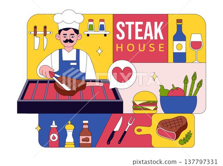 Steakhouse Restaurant Vector Illustration With Chef Grilling Beef Steak, Barbecue Kitchen Scene, Meat Menu Dining Concept And Culinary Food Service 137797331