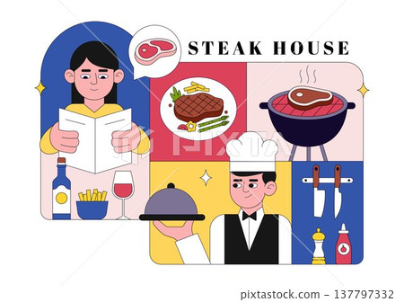 Steakhouse Restaurant Vector Illustration With Chef Grilling Beef Steak, Barbecue Kitchen Scene, Meat Menu Dining Concept And Culinary Food Service Steakhouse Restaurant Vector Illustration With Chef Grilling Beef Steak, Barbecue Kitchen Scene, Meat Menu Dining Concept And Culinary Food Service 137797332