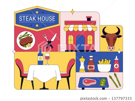 Steakhouse Restaurant Vector Illustration With Chef Grilling Beef Steak, Barbecue Kitchen Scene, Meat Menu Dining Concept And Culinary Food Service Steakhouse Restaurant Vector Illustration With Chef Grilling Beef Steak, Barbecue Kitchen Scene, Meat Menu Dining Concept And Culinary Food Service 137797333