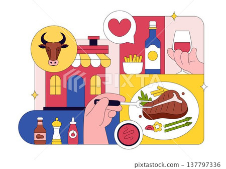 Steakhouse Restaurant Vector Illustration With Chef Grilling Beef Steak, Barbecue Kitchen Scene, Meat Menu Dining Concept And Culinary Food Service Steakhouse Restaurant Vector Illustration With Chef Grilling Beef Steak, Barbecue Kitchen Scene, Meat Menu Dining Concept And Culinary Food Service 137797336