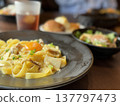 Rich carbonara and salad cafe lunch 137797473