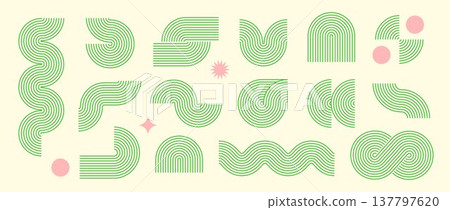 Lime green boho line element collection. Bohemian decorative wave and curve form set for badge, logo, card, poster, banner. Mid century geometric pink decor and zigzag objects. Vector wavy arc shapes Lime green boho line element collection. Bohemian decorative wave and curve form set for badge, logo, card, poster, banner. Mid century geometric pink decor and zigzag objects. Vector wavy arc shapes 137797620