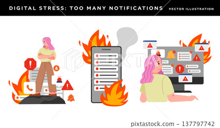 Digital stress and notification overload woman Digital stress and notification overload woman 137797742