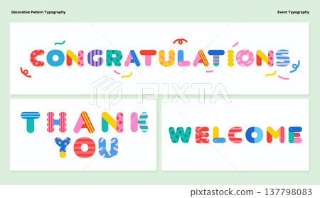 A colorful collection of decorative typography elements featuring various patterns, perfect for "Thank you", "Congratulations", and "Welcome" signs. 137798083