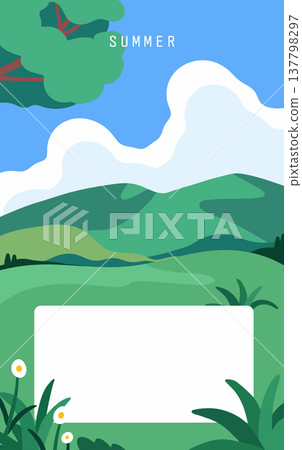 Summer mountain and meadow landscape minimal clean vector poster template 137798297