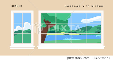 Summer landscape through white window 137798437