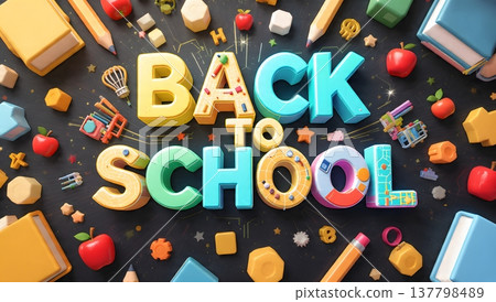 vibrant back to school 3d text with school supplies on a dark background. 137798489