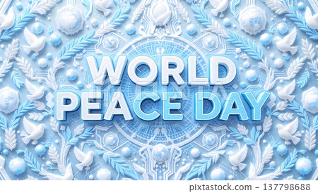 World Peace Day greeting card with doves and floral ornaments. 137798688