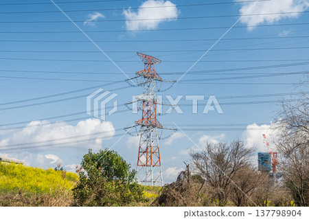 A transmission tower standing along the right bank of the Yodo River in Takatsuki City, Osaka Prefecture. 137798904
