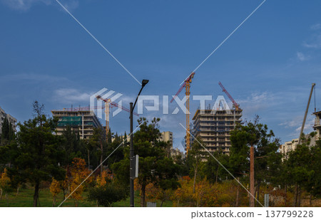 Construction Site of New Apartment Buildings with Tower Cranes 137799228