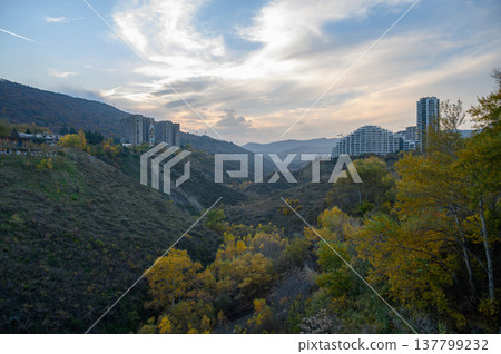 Dramatic Canyon View with Colorful Hillside Houses in Tbilisi Dramatic Canyon View with Colorful Hillside Houses in Tbilisi 137799232