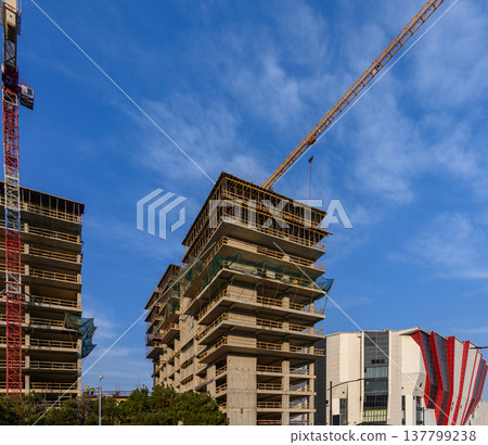 Close-Up of a Tower Crane Lifting Building Materials Against the Backdrop of a Rising Building Frame. Close-Up of a Tower Crane Lifting Building Materials Against the Backdrop of a Rising Building Frame. 137799238