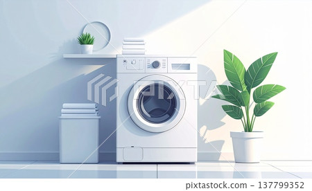 乾淨的浴室裡擺放著一台先進的滾筒式洗衣機：體現了家庭效率和智慧生活理念。 137799352