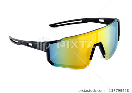 Modern sports sunglasses with mirrored yellow and blue lenses and black frames 137799428