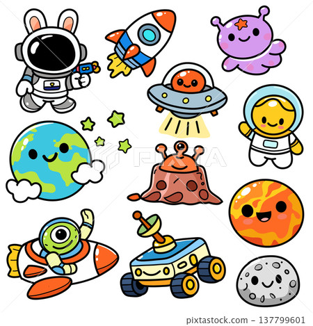 Astronaut rocket alien UFO planet earth moon rover cartoon space cute happy 137799601