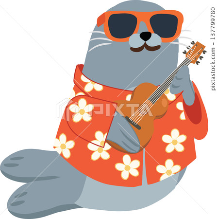 cartoon seal musician with sunglasses and ukulele wearing hawaiian shirt fun summer animal cartoon seal musician with sunglasses and ukulele wearing hawaiian shirt fun summer animal 137799780