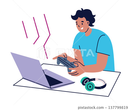 Flat cartoon boy playing video game on laptop with controller, headphones on desk. Male character, gaming hobby and online entertainment scene, gamer lifestyle vector illustration 137799819