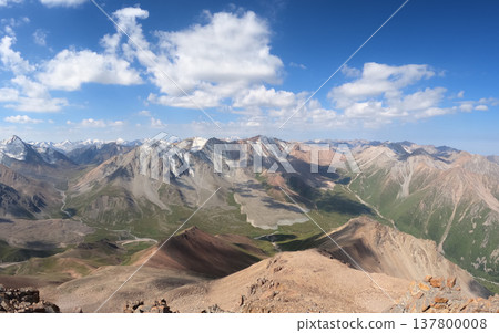 Panorama of Tien Shan mountains from Satpayev Peak, Kazakhstan. High altitude rocky ridges and blue sky with clouds. 137800008