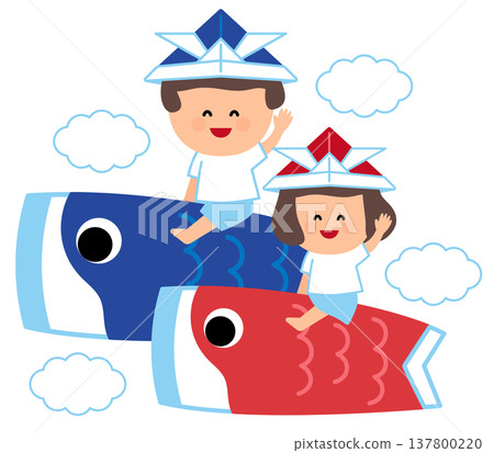 Illustration of children riding on carp streamers Illustration of children riding on carp streamers 137800220