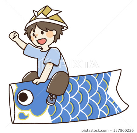 Illustration of a child riding on a carp streamer 137800226