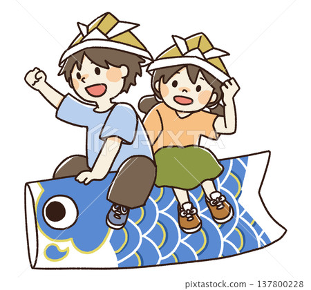 描繪兒童騎在鯉魚飄帶上的插圖 137800228