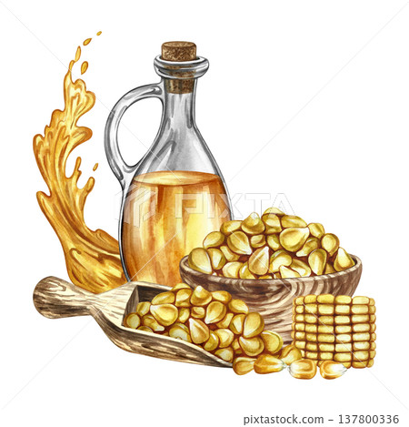 Corn oil. Hand-drawn watercolor illustration. Corn kernels in a wooden bowl, a bottle of oil, a piece of corn cob, and a splash of oil. For labels and packaging, and menus, banners, posters, and more. Corn oil. Hand-drawn watercolor illustration. Corn kernels in a wooden bowl, a bottle of oil, a piece of corn cob, and a splash of oil. For labels and packaging, and menus, banners, posters, and more. 137800336