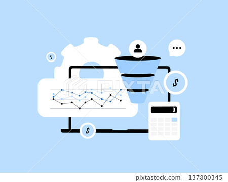 AI revenue attribution funnel, marketing data filtering system tracking user value flow from acquisition to conversion with financial analytics and ROI calculation. Marketing campaign optimization AI revenue attribution funnel, marketing data filtering system tracking user value flow from acquisition to conversion with financial analytics and ROI calculation. Marketing campaign optimization 137800345