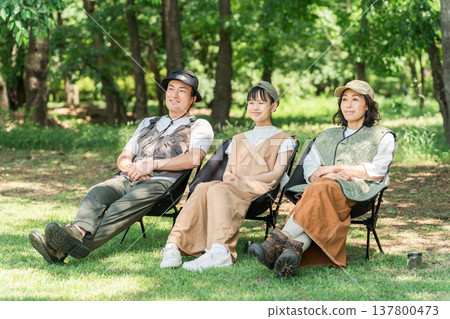 Parents and children/families chairing in parks and campsites Parents and children/families chairing in parks and campsites 137800473