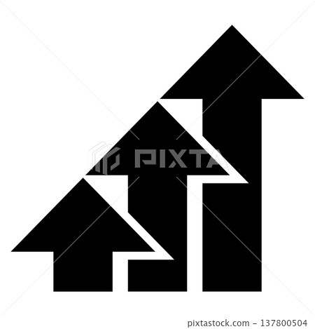 A business icon with three overlapping upward arrows arranged in a staircase pattern (step up, growth, gradual development, monochrome, silhouette) 137800504