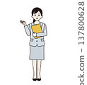 A woman in a suit holding a binder and giving directions (full body) 137800628