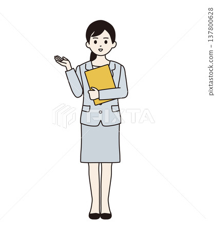 A woman in a suit holding a binder and giving directions (full body) 137800628