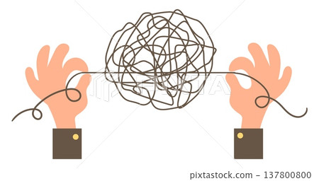 Hands holding large ball of tangled thread. Complex problem. Confusing situation. Mental mess. Psychological disorder treatment. Psychologist consultation Entangled mind. Vector concept 137800800