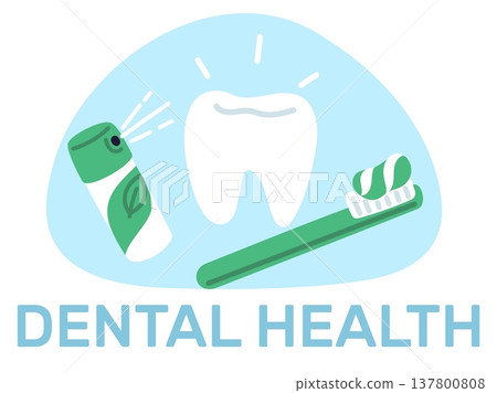 Healthy white tooth. Toothbrush with toothpaste and spray for fresh breath. Caries prevention. Oral hygiene. Molar enamel cleaning and whitening. Vector concept of dental health care Healthy white tooth. Toothbrush with toothpaste and spray for fresh breath. Caries prevention. Oral hygiene. Molar enamel cleaning and whitening. Vector concept of dental health care 137800808