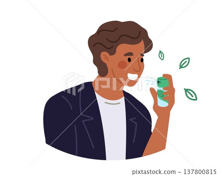 Man spraying fresh breath spray into his mouth. Oral hygiene. Dental care. Peppermint sprayer. Mouthwash dispenser. Pleasant menthol smell from mouth. Freshening aerosol. Vector concept 137800815