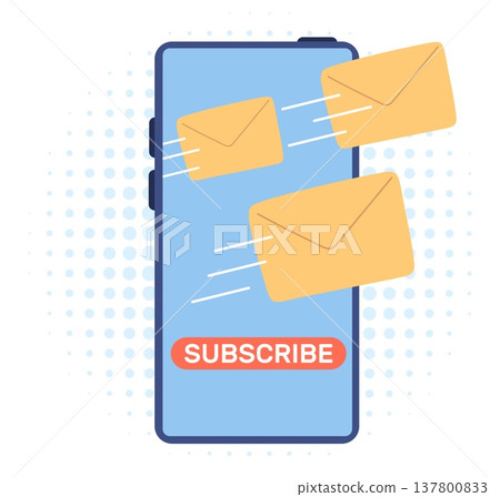 Mobile phone with button subscribe to news or correspondence. Newsletter subscription. Smartphone screen with flying envelopes. Letter sending app. Electronic newspaper. Vector concept Mobile phone with button subscribe to news or correspondence. Newsletter subscription. Smartphone screen with flying envelopes. Letter sending app. Electronic newspaper. Vector concept 137800833