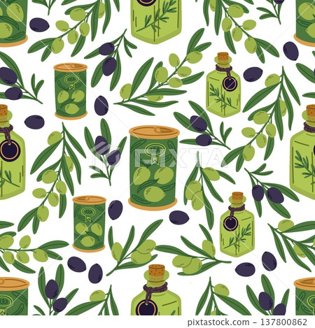 Olive oil in glass bottles and metal cans against background of fresh and black olives seamless pattern. Plant branch leaves. Organic product. Natural healthy food. Vector repeated print Olive oil in glass bottles and metal cans against background of fresh and black olives seamless pattern. Plant branch leaves. Organic product. Natural healthy food. Vector repeated print 137800862