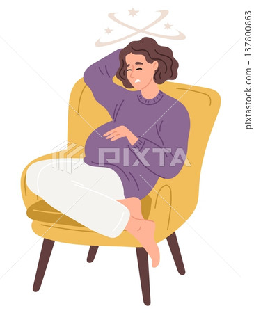 Pregnant woman sits in chair and experiences discomfort. Nausea or dizziness. Female negative symptoms during pregnancy. Belly mother suffering from sickness and confusion. Vector concept Pregnant woman sits in chair and experiences discomfort. Nausea or dizziness. Female negative symptoms during pregnancy. Belly mother suffering from sickness and confusion. Vector concept 137800863