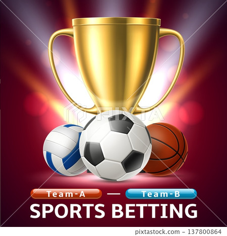 Realistic banner with sports balls and trophy cup for sports betting advertising. Wager at winner. Bookmaker totalizator. Soccer tournament. Volleyball competition. Vector poster design Realistic banner with sports balls and trophy cup for sports betting advertising. Wager at winner. Bookmaker totalizator. Soccer tournament. Volleyball competition. Vector poster design 137800864