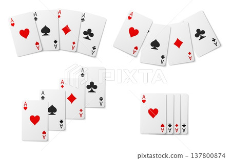 Realistic card set of four aces. Fortune game deck. Lucky chance isolated flush fan. Gaming spade front view. Vegas casino gamble. Blackjack win. Vector gambling set on white background 137800874