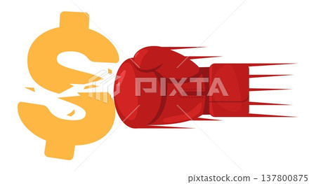 Red boxing glove smashes yellow dollar sign. Currency crash. Finance crash. Hand beating at money. Kickboxing attack. Uppercut to economy hegemony. Vector concept of dedollarization 137800875