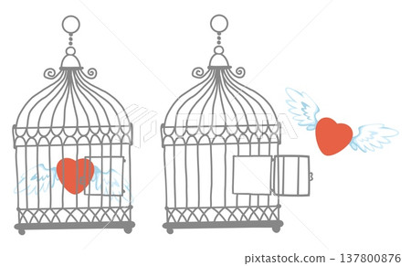 Red heart with wings flies away from metal cage. Love free flight. Romantic feeling imprison. Bondage or freedom for emotion expression. Enclosed relationship in birdcage. Vector concept 137800876