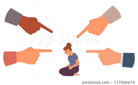 Sad young woman being pointed. Negative feedback from society. Pressure and blame to outcast. Unhappy victim of shame. Ashamed girl. Vector concept of bullying, ridicule and harassment 137800878