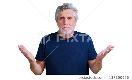 Senior man shrugging, feeling uncertain and confused Senior man shrugging, feeling uncertain and confused 137800926