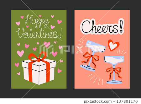 Romantic posters and postcards for Valentine's Day in cartoon style. Printable designs with cute hearts, white gift box with festive red bow, champagne glasses with bows. Celebrations and feasts decor 137801170