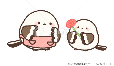 A long-tailed tit family (red) handing over a carnation. 137801295