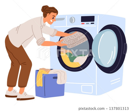 Young woman puts dirty clothes into washing machine to wash them. Household chores. Home laundry. Linen and garment cleaning. Housekeeping appliance. Basket for clothing. Vector concept 137801313
