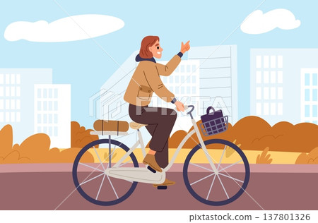 Young woman rides her bike to work through city park with skyscrapers in background. Employee or student on bicycle. Cycling person. Happy cyclist walking at urban road. Vector concept Young woman rides her bike to work through city park with skyscrapers in background. Employee or student on bicycle. Cycling person. Happy cyclist walking at urban road. Vector concept 137801326