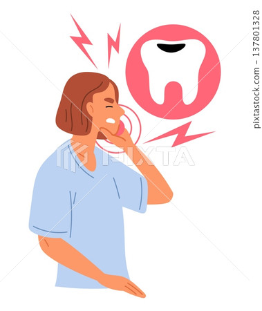 Young woman suffers from toothache. Girls teeth hurt because of molar decay. Dentist patient. Painful sensitive tooth. Mouth ache. Medical symptoms. Caries cavity pain. Vector concept Young woman suffers from toothache. Girls teeth hurt because of molar decay. Dentist patient. Painful sensitive tooth. Mouth ache. Medical symptoms. Caries cavity pain. Vector concept 137801328