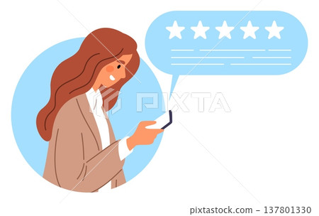 Young woman with phone rates app or online service. Client evaluation. Positive review. Satisfaction feedback rank. Customer experience. Mobile application. Five stars. Vector concept Young woman with phone rates app or online service. Client evaluation. Positive review. Satisfaction feedback rank. Customer experience. Mobile application. Five stars. Vector concept 137801330